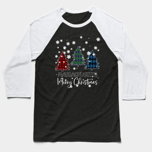 Massachusetts Merry Christms Buffalo Plaid Xmas Tree  Baseball T-Shirt